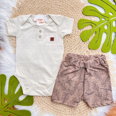 Conj. Body Manga Curta em Linho e Bermuda Folhagem Dino - Areia